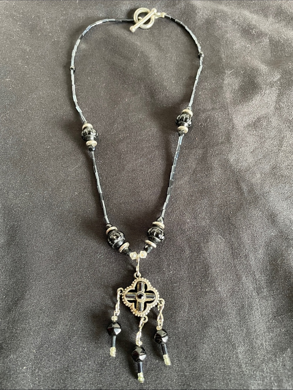 Black Handmade Beaded Cross Pendant Necklace